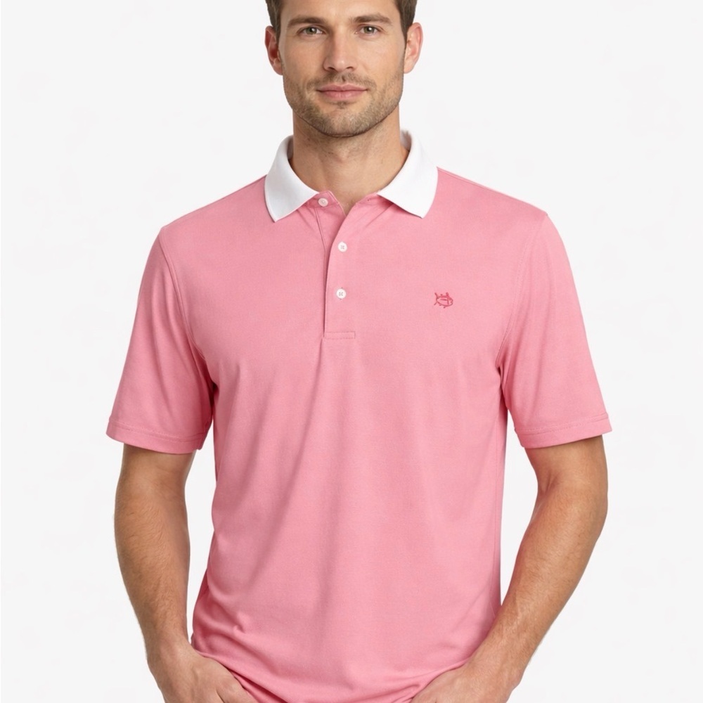 Southern Tide Men’s Light Weight Polo | Salmon Striped | White collar | Large